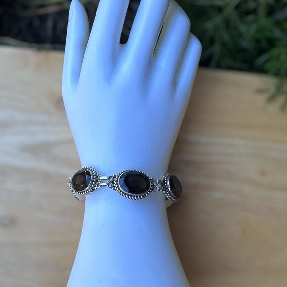 VTG Link Bracelet 6.75 Smoky Quartz Oval Shape Gems 925 Sterling Silver 32.9g - Picture 4 of 10